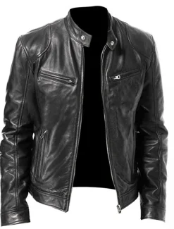 Men's Faux Leather Jacket Transition Jacket Street Windproof Pocket Spring & Fall Streetwear Stand Collar Regular Faux Leather Regular Fit Black Jacket