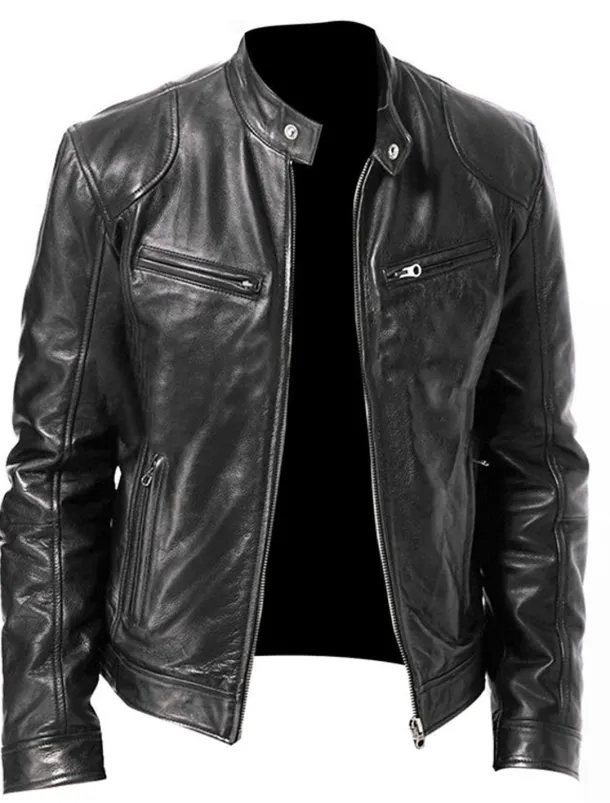 Men's Faux Leather Jacket Transition Jacket Street Windproof Pocket Spring & Fall Streetwear Stand Collar Regular Faux Leather Regular Fit Black Jacket