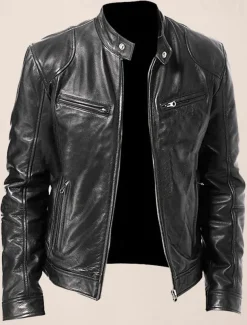 Men's Faux Leather Jacket Transition Jacket Street Windproof Pocket Spring & Fall Streetwear Stand Collar Regular Faux Leather Regular Fit Black Jacket