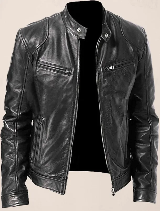 Men's Faux Leather Jacket Transition Jacket Street Windproof Pocket Spring & Fall Streetwear Stand Collar Regular Faux Leather Regular Fit Black Jacket