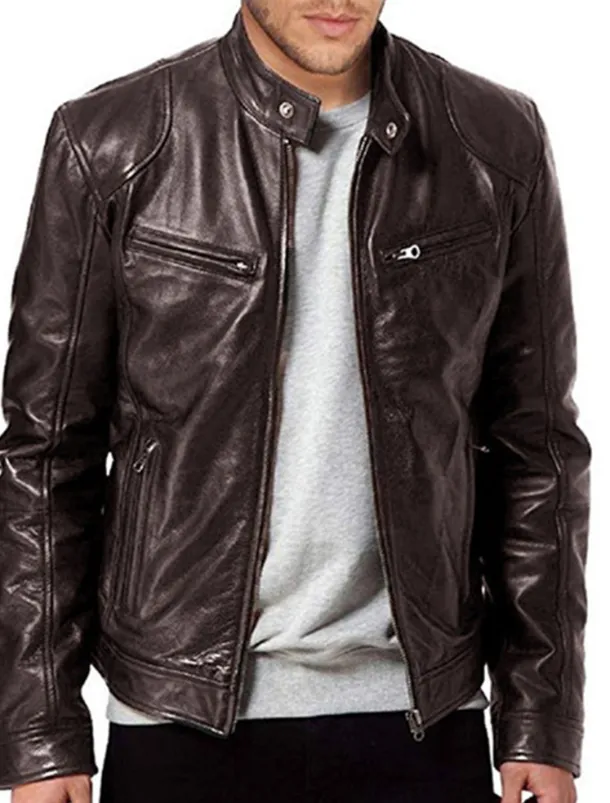 Men's Faux Leather Jacket Transition Jacket Street Windproof Pocket Spring & Fall Streetwear Stand Collar Regular Faux Leather Regular Fit Black Jacket