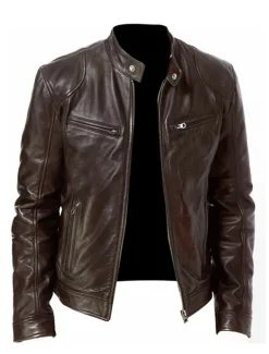 Men's Faux Leather Jacket Transition Jacket Street Windproof Pocket Spring & Fall Streetwear Stand Collar Regular Faux Leather Regular Fit Black Jacket