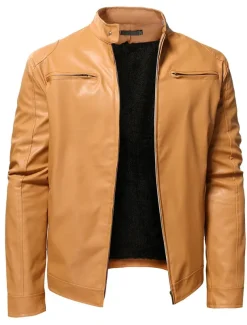 Men's Faux Leather Jacket Transition Jacket Biker Jacket Motorcycle Jacket Daily Thermal Warm Rain Waterproof Fall & Winter Solid Colored Stand Collar Regular Regular Fit Silver Black White Yellow