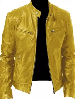 Men's Faux Leather Jacket Transition Jacket Biker Jacket Motorcycle Jacket Daily Thermal Warm Rain Waterproof Fall & Winter Solid Colored Stand Collar Regular Regular Fit Silver Black White Yellow