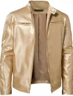 Men's Faux Leather Jacket Transition Jacket Biker Jacket Motorcycle Jacket Daily Thermal Warm Rain Waterproof Fall & Winter Solid Colored Stand Collar Regular Regular Fit Silver Black White Yellow
