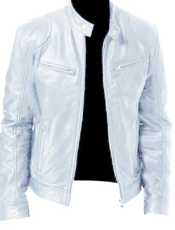 Men's Faux Leather Jacket Transition Jacket Biker Jacket Motorcycle Jacket Daily Thermal Warm Rain Waterproof Fall & Winter Solid Colored Stand Collar Regular Regular Fit Silver Black White Yellow