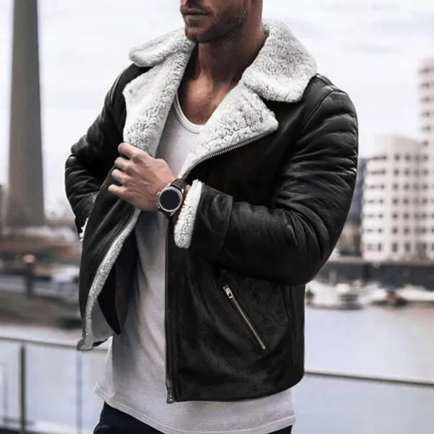 Men's Faux Leather Jacket Fleece Jacket Sherpa Jacket Daily Vacation Thermal Warm Pocket Fleece Fall & Winter Plain Fashion Streetwear Lapel Regular Black Brown Green Jacket