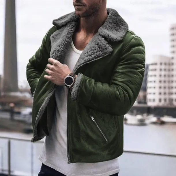 Men's Faux Leather Jacket Fleece Jacket Sherpa Jacket Daily Vacation Thermal Warm Pocket Fleece Fall & Winter Plain Fashion Streetwear Lapel Regular Black Brown Green Jacket