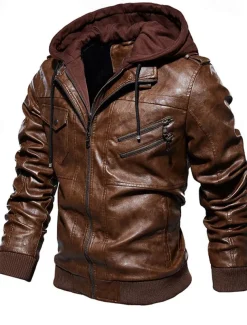 Men's Faux Leather Jacket Biker Jacket Red Leather Jacket Daily Vacation Windproof Warm Splice Fall & Winter Plain Fashion Classic Hooded Regular Faux Leather Black Wine Khaki Dark Gray Coffee Jacket