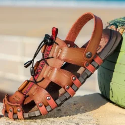Men's Faux Leather Outdoor Sandals – Breathable Gladiator Design with Adjustable Drawstring for Hiking, Beach and Casual Summer Wear