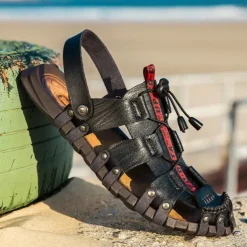 Men's Faux Leather Outdoor Sandals – Breathable Gladiator Design with Adjustable Drawstring for Hiking, Beach and Casual Summer Wear