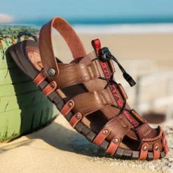 Men's Faux Leather Outdoor Sandals – Breathable Gladiator Design with Adjustable Drawstring for Hiking, Beach and Casual Summer Wear