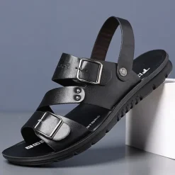 Men's Faux Leather Sandals with Double Buckle Straps – Comfortable Non-Slip Casual Summer Footwear for Outdoors