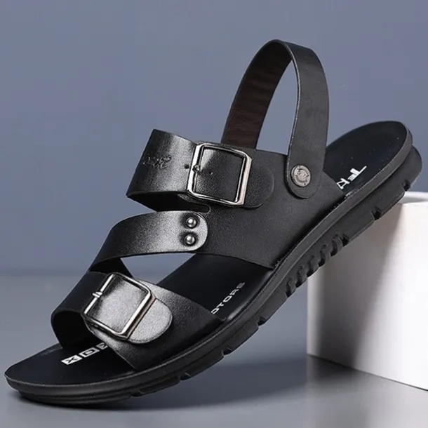 Men's Faux Leather Sandals with Double Buckle Straps – Comfortable Non-Slip Casual Summer Footwear for Outdoors