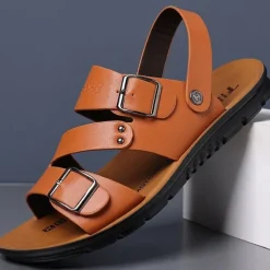 Men's Faux Leather Sandals with Double Buckle Straps – Comfortable Non-Slip Casual Summer Footwear for Outdoors