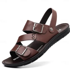 Men's Faux Leather Sandals with Double Buckle Straps – Comfortable Non-Slip Casual Summer Footwear for Outdoors