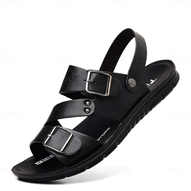 Men's Faux Leather Sandals with Double Buckle Straps – Comfortable Non-Slip Casual Summer Footwear for Outdoors