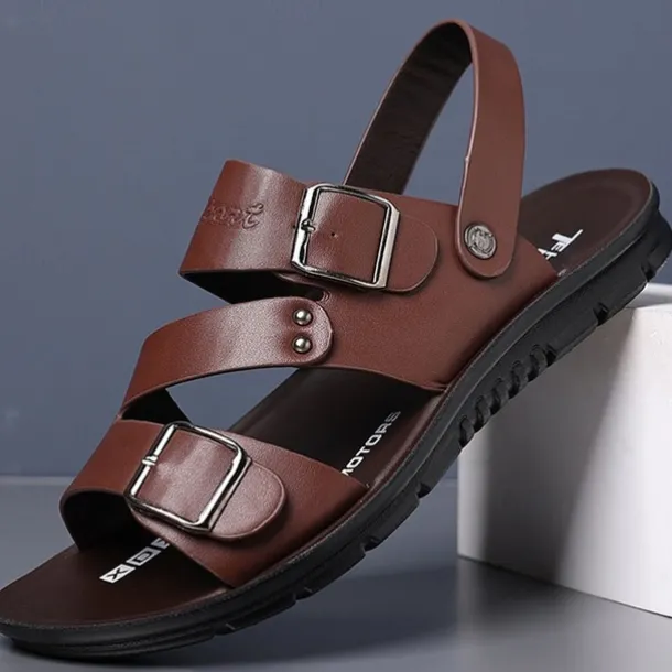 Men's Faux Leather Sandals with Double Buckle Straps – Comfortable Non-Slip Casual Summer Footwear for Outdoors