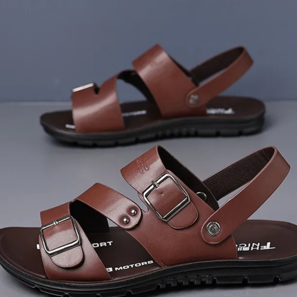 Men's Faux Leather Sandals with Double Buckle Straps – Comfortable Non-Slip Casual Summer Footwear for Outdoors
