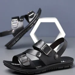Men's Faux Leather Sandals with Double Buckle Straps – Comfortable Non-Slip Casual Summer Footwear for Outdoors