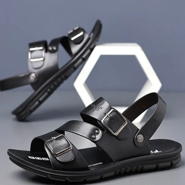 Men's Faux Leather Sandals with Double Buckle Straps – Comfortable Non-Slip Casual Summer Footwear for Outdoors
