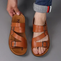 Men's Faux Leather Sandals with Double Buckle Straps – Comfortable Non-Slip Casual Summer Footwear for Outdoors