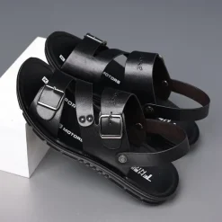 Men's Faux Leather Sandals with Double Buckle Straps – Comfortable Non-Slip Casual Summer Footwear for Outdoors