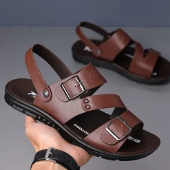 Men's Faux Leather Sandals with Double Buckle Straps – Comfortable Non-Slip Casual Summer Footwear for Outdoors