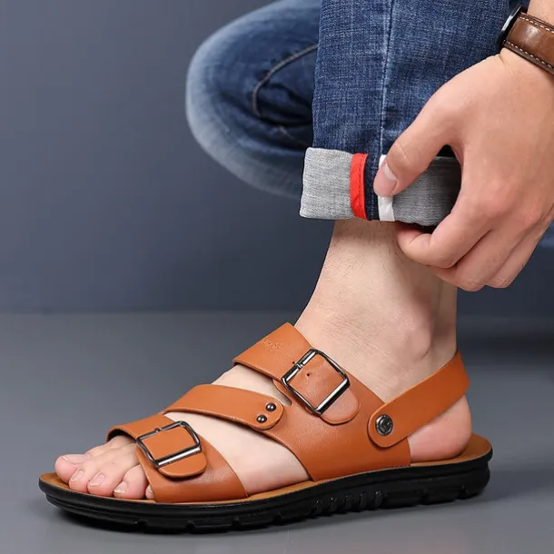 Men's Faux Leather Sandals with Double Buckle Straps – Comfortable Non-Slip Casual Summer Footwear for Outdoors
