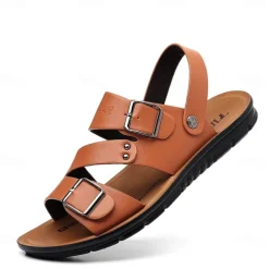Men's Faux Leather Sandals with Double Buckle Straps – Comfortable Non-Slip Casual Summer Footwear for Outdoors