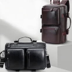 Men's Faux Leather Travel Backpack and Duffel Bag – Multi-Functional Large Capacity Bag with Dual Front Pockets for Business and Weekend Trips