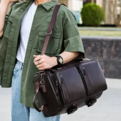 Men's Faux Leather Travel Backpack and Duffel Bag – Multi-Functional Large Capacity Bag with Dual Front Pockets for Business and Weekend Trips