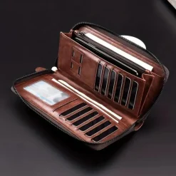 Men's Faux Leather Zipper Wallet with Multiple Card Slots & Wrist Strap - Slim & Stylish for Everyday Use