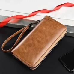 Men's Faux Leather Zipper Wallet with Multiple Card Slots & Wrist Strap - Slim & Stylish for Everyday Use