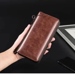 Men's Faux Leather Zipper Wallet with Multiple Card Slots & Wrist Strap - Slim & Stylish for Everyday Use