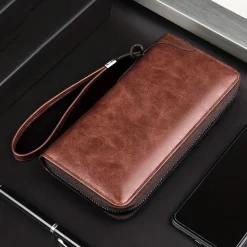 Men's Faux Leather Zipper Wallet with Multiple Card Slots & Wrist Strap - Slim & Stylish for Everyday Use