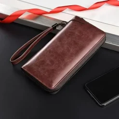Men's Faux Leather Zipper Wallet with Multiple Card Slots & Wrist Strap - Slim & Stylish for Everyday Use
