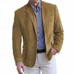 Men's Faux Suede Jacket Faux Suede Blazer Business Attire Company Party Fashion Casual Fall / Winter Faux Suede Plain Pocket Buttons Comfortable Single Breasted Blazer Dark Navy Brown Green khaki