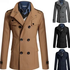 Men's Field Coat Peacoat Trench Coat Daily Vacation Fall & Winter Polyester Thermal Warm Outerwear Clothing Apparel Fashion Classic Plain Pocket Stand Collar Double Breasted