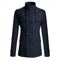 Men's Field Coat Peacoat Trench Coat Daily Vacation Fall & Winter Polyester Thermal Warm Outerwear Clothing Apparel Fashion Classic Plain Pocket Stand Collar Double Breasted