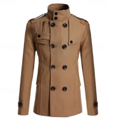 Men's Field Coat Peacoat Trench Coat Daily Vacation Fall & Winter Polyester Thermal Warm Outerwear Clothing Apparel Fashion Classic Plain Pocket Stand Collar Double Breasted