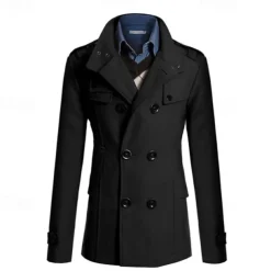 Men's Field Coat Peacoat Trench Coat Daily Vacation Fall & Winter Polyester Thermal Warm Outerwear Clothing Apparel Fashion Classic Plain Pocket Stand Collar Double Breasted