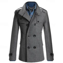 Men's Field Coat Peacoat Trench Coat Daily Vacation Fall & Winter Polyester Thermal Warm Outerwear Clothing Apparel Fashion Classic Plain Pocket Stand Collar Double Breasted