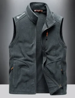 Men's Fishing Vest Daily Casual Fall & Winter Pocket Fleece Polyester Thermal Warm Plain Zipper Stand Collar Regular Fit Black Army Green Dark Blue Dark Gray Vest