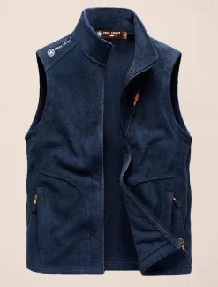 Men's Fishing Vest Daily Casual Fall & Winter Pocket Fleece Polyester Thermal Warm Plain Zipper Stand Collar Regular Fit Black Army Green Dark Blue Dark Gray Vest