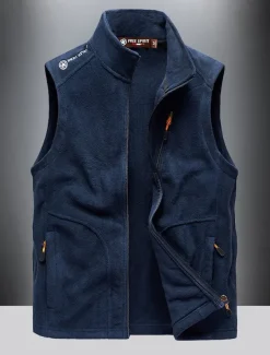 Men's Fishing Vest Daily Casual Fall & Winter Pocket Fleece Polyester Thermal Warm Plain Zipper Stand Collar Regular Fit Black Army Green Dark Blue Dark Gray Vest