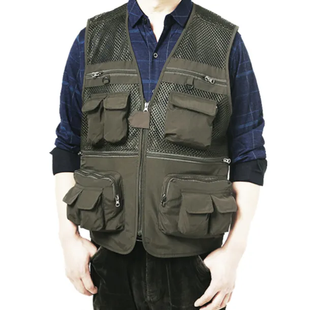 Men's Fishing Vest Hiking Vest Sleeveless V Neck Vest / Gilet Jacket Top Outdoor Breathable Quick Dry Multi Pockets Lightweight Polyester Army Green Khaki Dark Blue Fishing Climbing Camping / Hiking