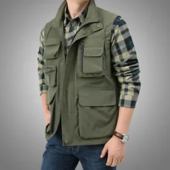 Men's Fishing Vest Hiking Vest Sleeveless Outerwear Zip Top Top Outdoor Multi-Pockets Breathable Quick Dry Sweat-Wicking Summer Black khaki Navy Blue Hunting Fishing Climbing