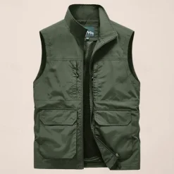 Men's Fishing Vest Sleeveless Vest Outdoor Modern Contemporary All Seasons Multi Pocket Chinlon Outdoor Solid / Plain Color Zipper Standing Collar Standard Fit Black ash-colored khaki Army Green Vest