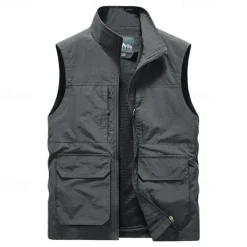 Men's Fishing Vest Sleeveless Vest Outdoor Modern Contemporary All Seasons Multi Pocket Chinlon Outdoor Solid / Plain Color Zipper Standing Collar Standard Fit Black ash-colored khaki Army Green Vest